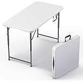4 Feet Foldable Table Adjustable Height with Built in Handle, Steel Legs | 4FT Heavy Duty Portable | Perfect for Party Dining Wedding Events Picnic Indoor Outdoor Camping Utility Folding - 4 Foot