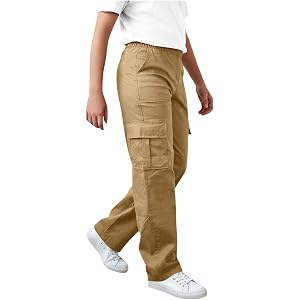 Dovford Girls Cargo Pants Summer Elastic Waist Hiking Going Out Pant with Pocket Casual Relaxed Fit Straight Leg Slacks 4-15Y