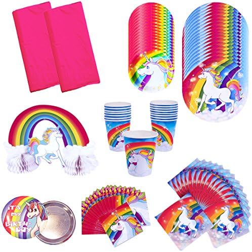 My Family Gift Shoppe Rainbow Unicorn Birthday Party Supplies Pack Bundle Kit Includes Dinner Plates Dessert Plates Cups Large And Small Napkins Table Covers And Centerpiece Serves 16 People