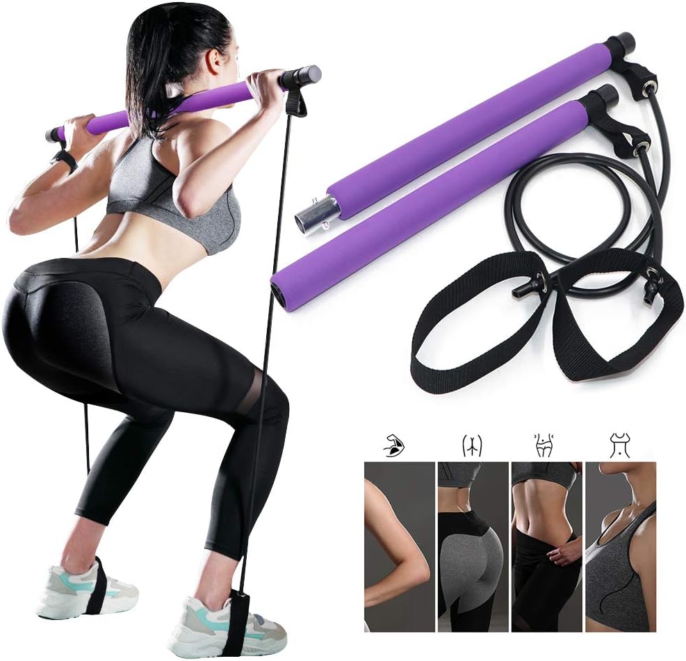 Suzi Pilates Stick Bar Kit, Multifunctional with Resistance Band Yoga Rod with Foot Loop Sports Exercise Fitness Equipment Expander Arm Puller For Home Gym Bodybuilding Training