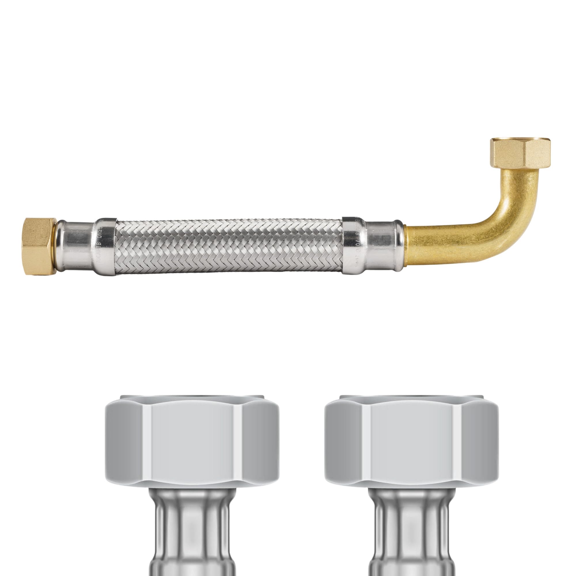 DVGW Reinforced Hose 3/4-1 Inch 30-150 cm, Flex Hose, DN25 & DN19, Water Connection, Heating, Softening System (150 cm, 3/4 Inch Union Nut with Bow x 3/4 Inch Union Nut Reinforced Hose)