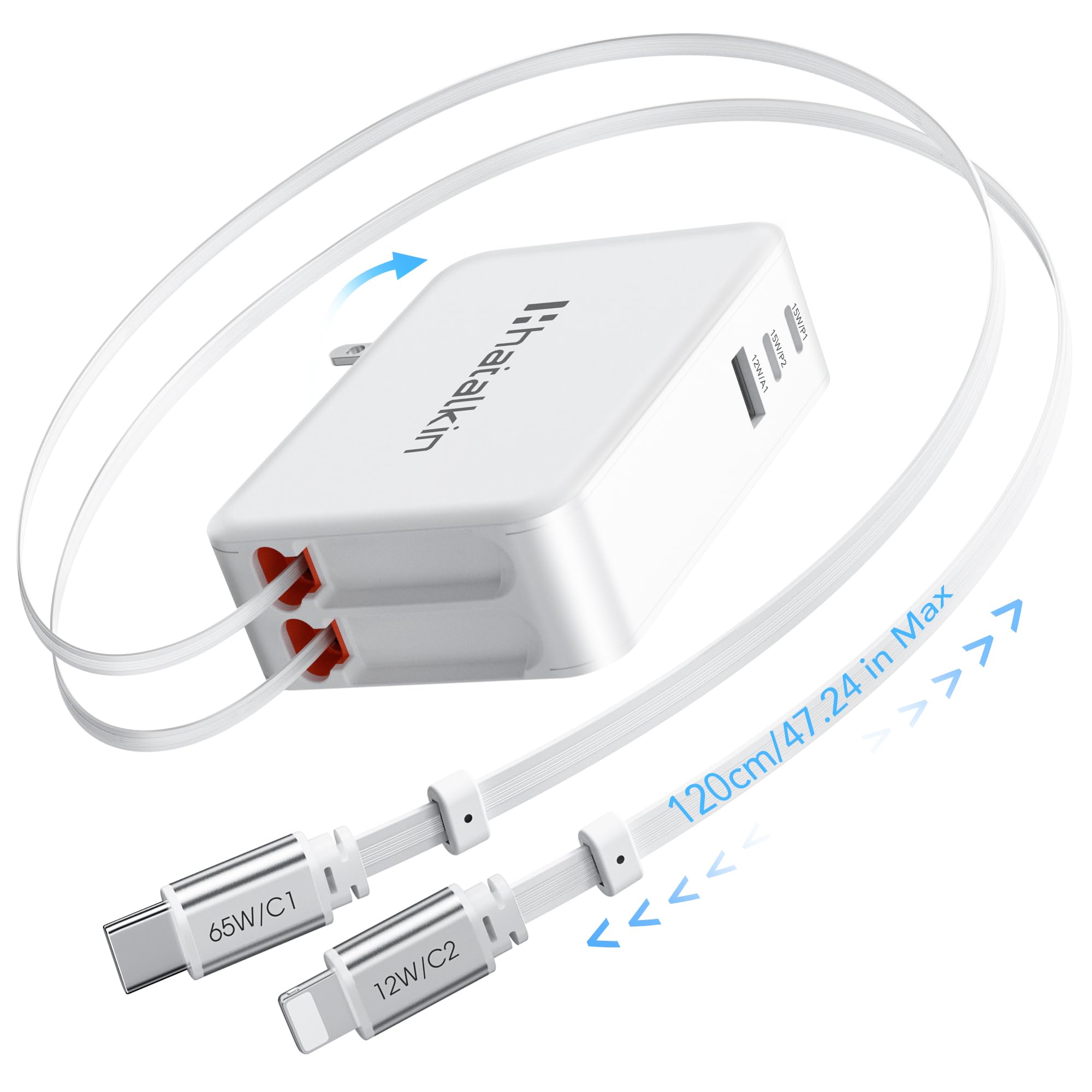 Photo 1 of 65W for MacBook Pro Charger,5-in-1 Retractable Wall Charger Plug for iPhone 17, 3.94 ft PD USB C&Lightening Cable&3 Ports, Fast Charging Block for Mac Book Pro/Air, M1 M2 M3 M4, iPad Pro,Galaxy,Pixel