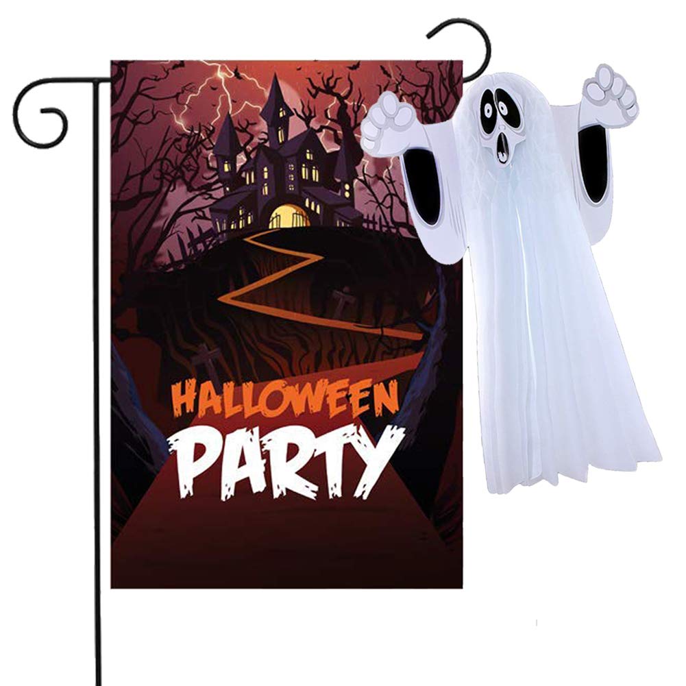Halloween Garden Flag, 12x18 Inch Two Sided Yard Flag, with Hanging Ghost for Outdoor Home Decor Party Favor