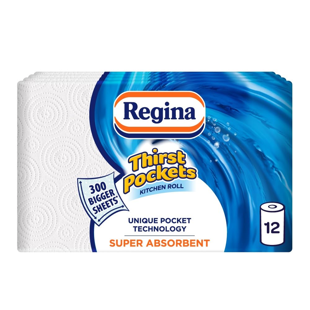 Regina Thirst Pockets Kitchen Roll - 12 Rolls, 1,200 Super Absorbent Sheets, Unique Pocket Technology, Your Ideal Kitchen Companion, FSC certified product