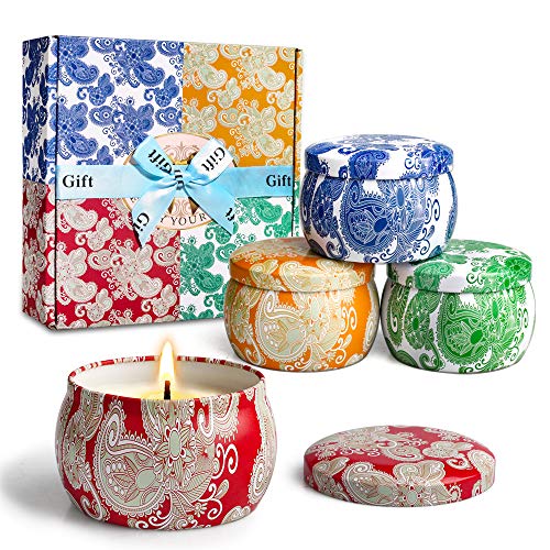 Scented Candles Gift Set, Natural Soy Wax Candle, Violet, Lavender, Cider, Spring Fresh Scents, Portable Travel Tin Candle, Stress Relief Aromatherapy Candles 4 Pack, Ideas Gifts for Women