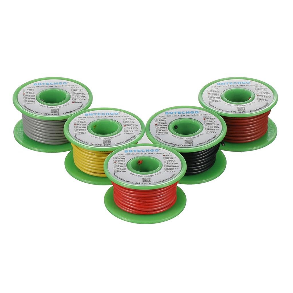 BNTECHGO Ultra Flexible 18 Gauge Silicone Wire Spool 5 Color Red Black Yellow Brown Gray High Resistant 200 deg C 600V Electronic Wire 18 AWG Stranded Wire 150 Strands Tinned Copper Wire Hook Up