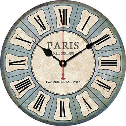 Wood Wall Clock, Augue Wooden Round Wall Clock Vintage France Paris Country Tuscan Style Roman Numeral Retro Quartz Movement Non-Ticking Silent Quiet Kitchen Home MDF Clock, 12-inches