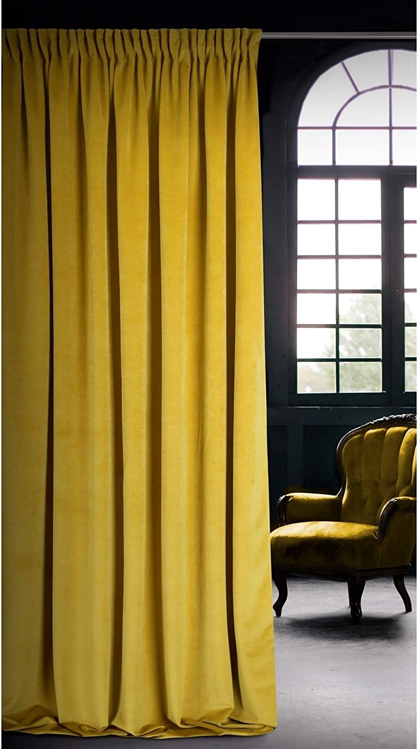 Eurofirany Soft Plain Opaque Velvet Curtain with Rufflette Tape For Rail - 1 Unit, Thick Fluffy Panel Drape Classic Glamour Elegant Living Room Bedroom, W55'' x L106'', 140x270 cm, Mustard
