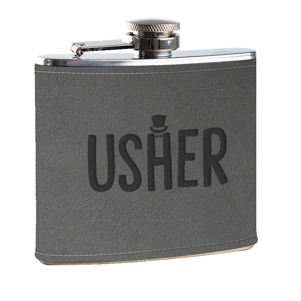 Usher Grey Hip Flask - Groomsman Gifts - Luxury Wedding Gifts - Party Presents from Bride and Groom - Engraved 6oz Stainless Steel Vegan Leather Alcohol Container