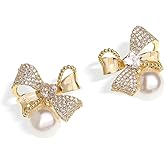 JeanBeau Snowflake Bow Heart Stud Earrings for Women Teen, Cute Sparkly Cubic Zirconia Rhinestone Shell Cartilage Hypoallergenic Holiday Prom Wedding Fashion Jewelry Gift