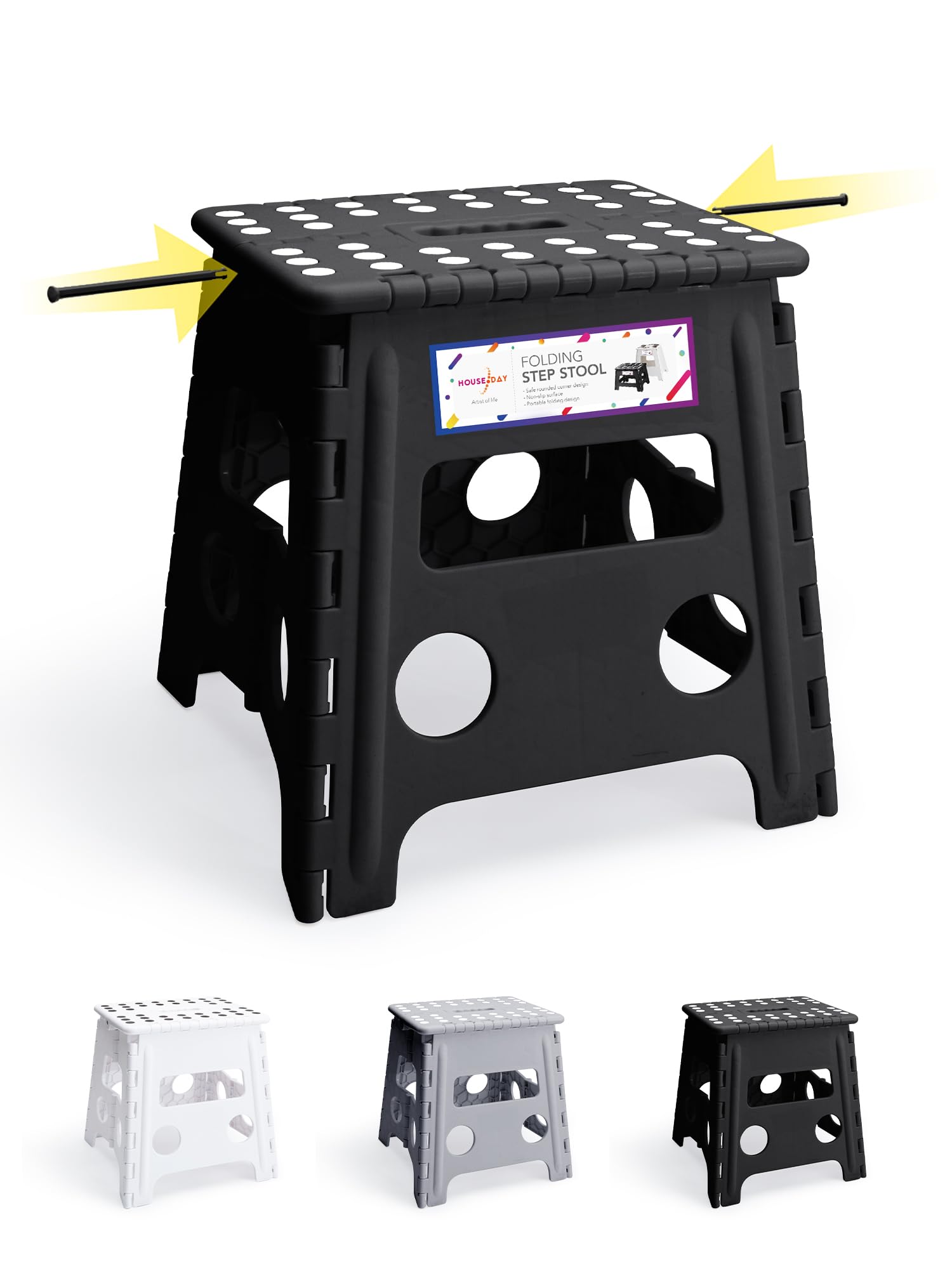 HOUSE DAY Folding Step Stool 13 inch(33cm) Height Medium Heavy Duty Foldable Stool for Adults, Large Foldable Step Non-Slip Folding Stools Portable Plastic Collapsible Step for Kids - Black