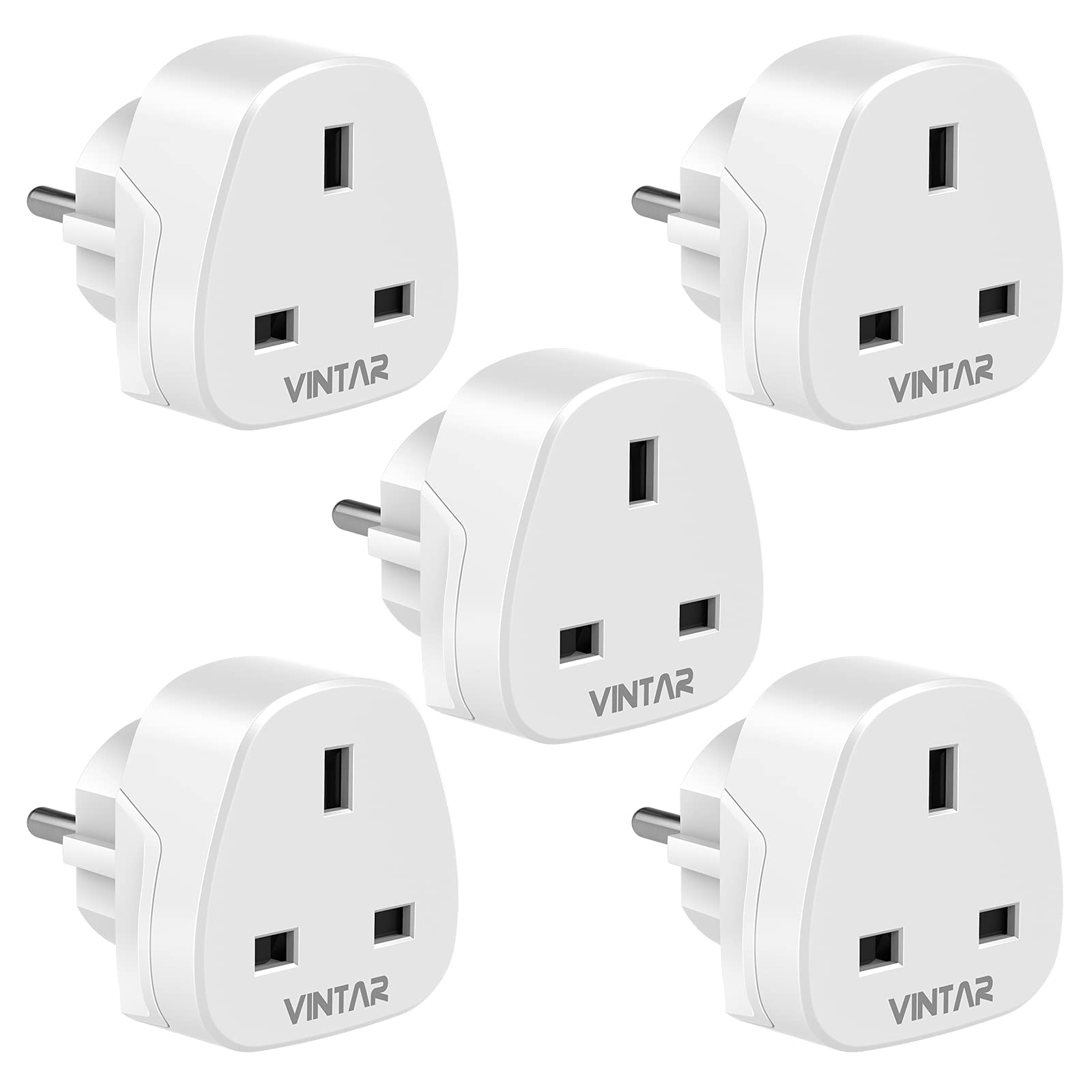 VINTAR UK to European Plug Adapter,Grounded 3 Pin to 2 Pin EU Euro Europe Schuko Travel Adaptor for France Germany Spain Turkey Greece Russia and More(Type E/F), 5 Pack White