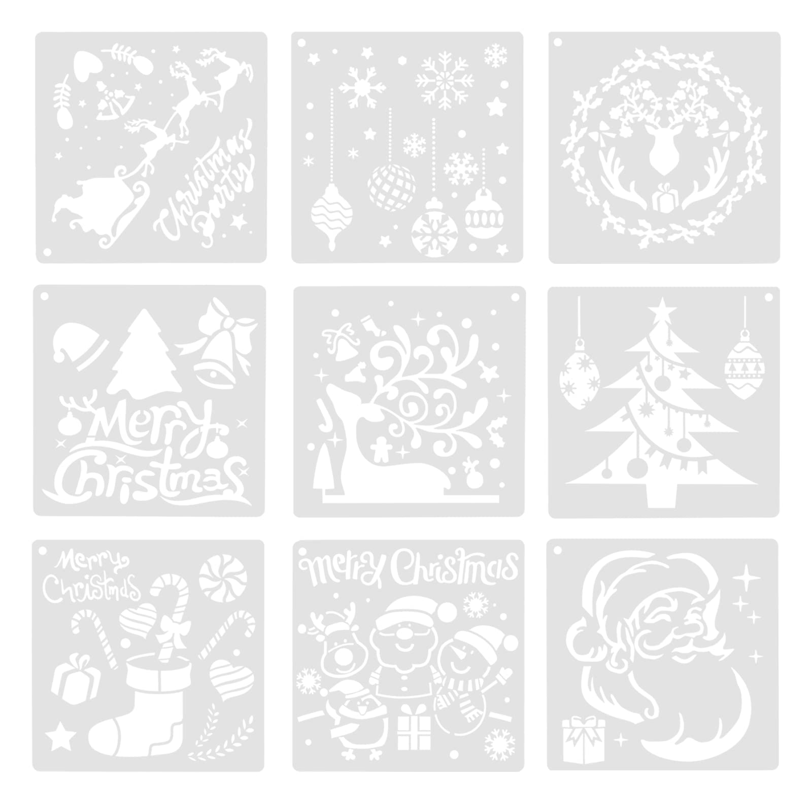 KINBOM 9pcs 5x5 Inch Christmas Decoration Stencils, PET Christmas Painting Template Christmas Tree Snowflakes Snowman Reindeer Patterns for DIY Crafts Wood Painting Wall Decoration