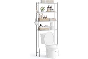 SONGMICS 4 Tier Over The Toilet Storage, Metal Storage Rack, 4 Hooks, Roll Holder, Space-Saving Bathroom Storage Shelf Organi