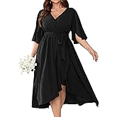 CICIDUDU Plus Size Formal Wedding Guest Cocktail Dress for Curvy Women Flutter Sleeve Faux Wrap V Neck Midi Dresses