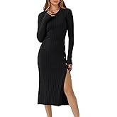 ANRABESS Womens 2025 Fall Long Sleeve Midi Dress Ribbed Knit Bodycon Fitted Button Down Wedding Guest Slit Sweater Dresses