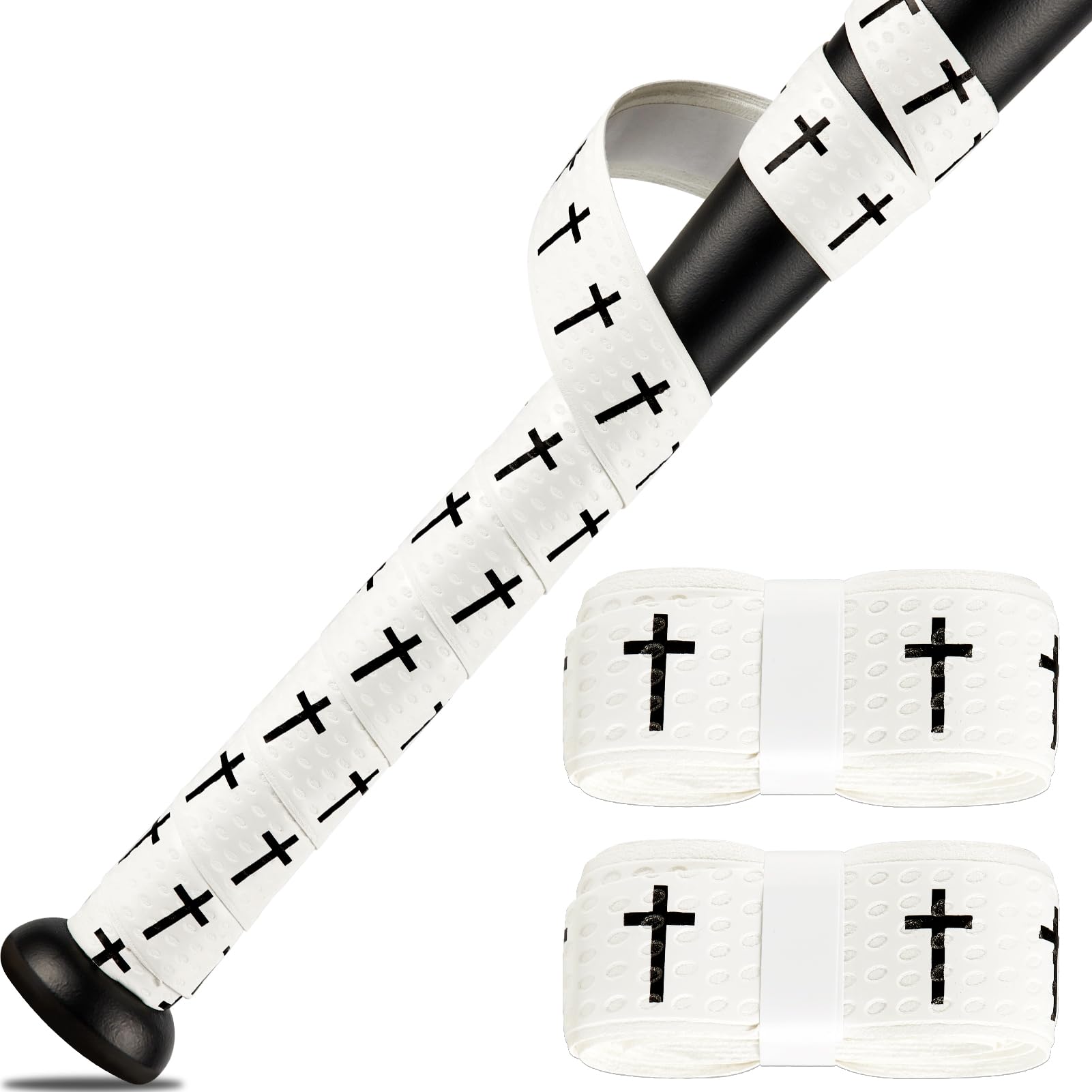 Photo 1 of 2PCS Faith Cross Baseball Bat Grip Tapes 1.5mm Precut and Full Adhesive Softball Grip Tape,Non-Slip Baseball Bat Wrap Tape Religious Cricket Batting Tape Replacement(White)