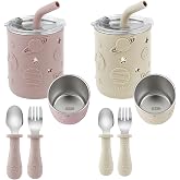 PandaEar Stainless Steel Toddler Cups with Straw, 2 Pack, Spoons &amp; Forks | Spill-proof lid, anti-pull straw with teething stopper, silicone sleeve, 8.8oz, BPA free, space design, dishwasher safe