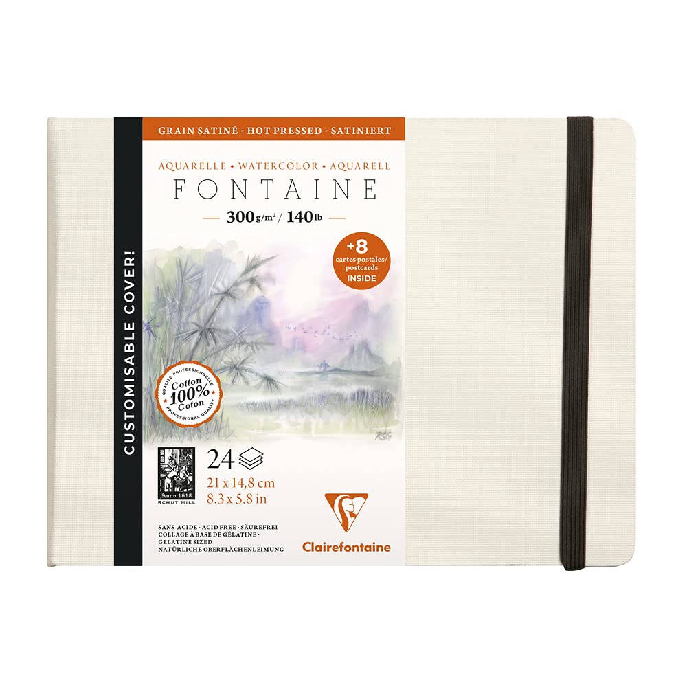 Clairefontaine - Ref 975441C - Fontaine Hot Pressed Sewn Watercolour Book (24 Sheets) - 21 x 14.8cm Size, 300gsm Paper - Suitable for Watercolour Artwork, Black