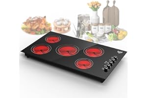 VBGK Electric Cooktop 36 Inch,Built-in Electric Stove Burner Ceramic Stove 5 Burners, 8000W Power Control by Knob, Radiant Electric Stove top with 9 Power Levels Over-Temperature Protection 220V-240