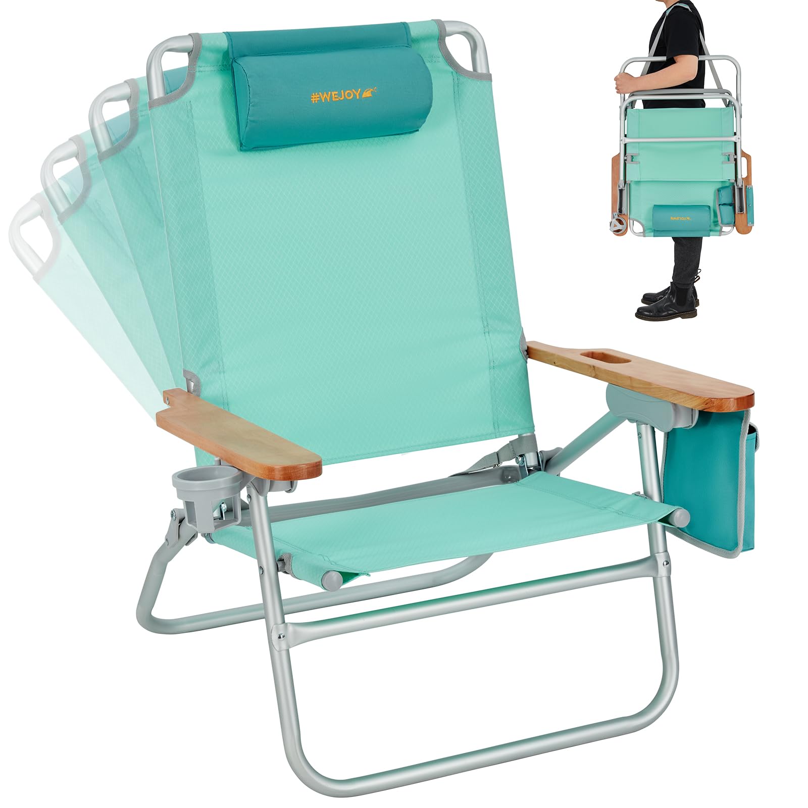 View 1 of #WEJOY Folding Beach Chair for Adults 4 Position Aluminum Beach Chair with Headrest, Wooden Armrests, Cup Holder for Outdoor Camp Lawn Picnic BBQ Support 300LBS Backpack Folding Reclining Beach Chairs