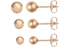 Forbidden Body Jewelry 3 Pairs Ball Studs: 18k Rose Gold Plated Hollow Steel Earrings, 4mm, 5mm & 6mm