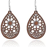Boho Earrings for Women Vintage Wooden Teardrop Drop Dangle Earrings Lightweight Ethnic Flower Statement Earrings Trendy Vacation Jewelry Presents