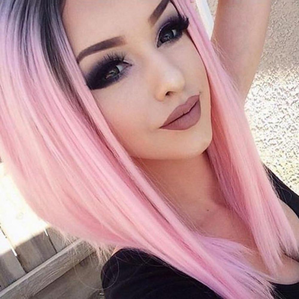 1234 womens wigs,Beauty hair fashion heat resistant synthetic female short/medium length silky pink root wig
