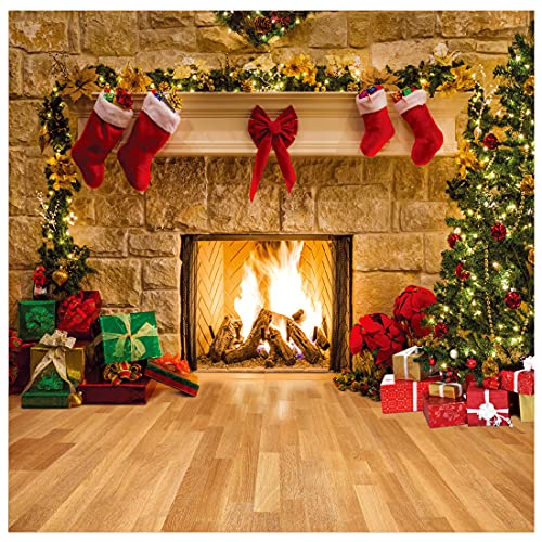 Photo 1 of DHXXSC 8X8FT Christmas Photography Backdrop Fireplace Decoration Christmas Tree Backdrop Photography Studio Backdrop Christmas Party Banner Vinyl Background DH-129