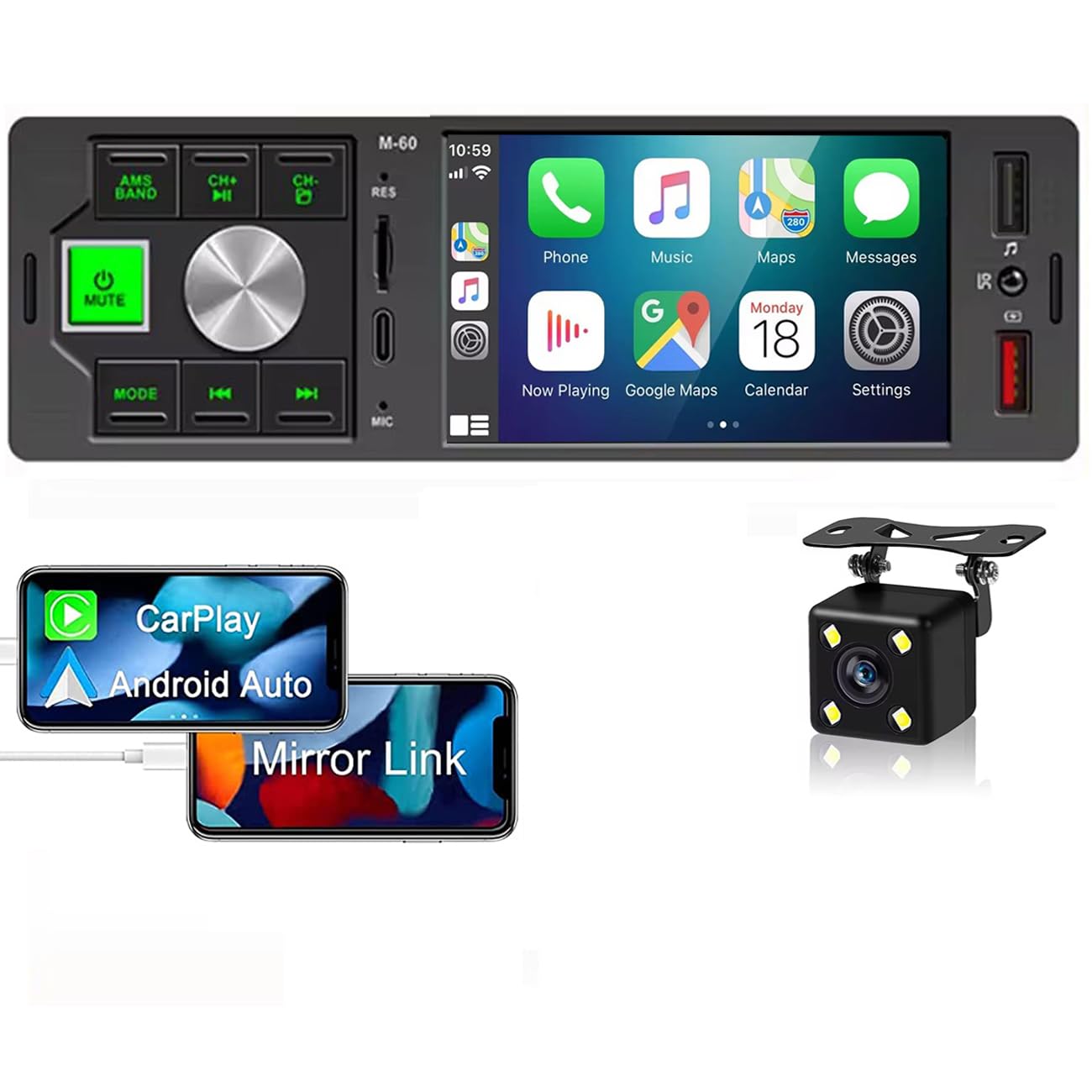 Car Radio Carplay Android Auto Player Autoradio 1 Din 12v 4.1 inch Touch Screen Auto Audio Mirror Link Bluetooth USB Type C Charging Port TF Port Rear View Camera Car Stereo