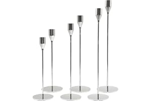 Silver Candle Holders Set of 6 - Tall Taper Candlesticks for 3/4 inch Pillar Candles - Modern Metal Candle Stands - Elegant D