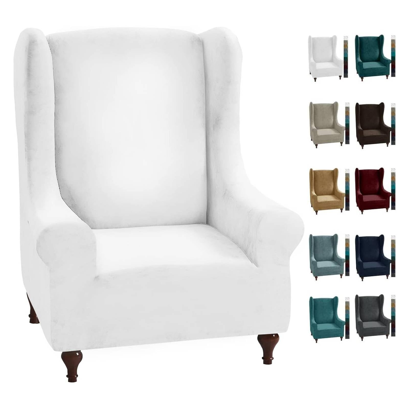 CHELZEN Stretch Velvet Wingback Chair Slipcover Soft Slipcovers for Wingback Chairs Wing Chair Cover with Elastic Bottom (Wing Chair, White)