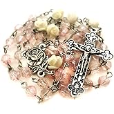 Lourdes Blush Pink Crystal Cut Cream Rose Rosary Beads Catholic for Women - Catholic Gifts - Rosary Necklace for Women
