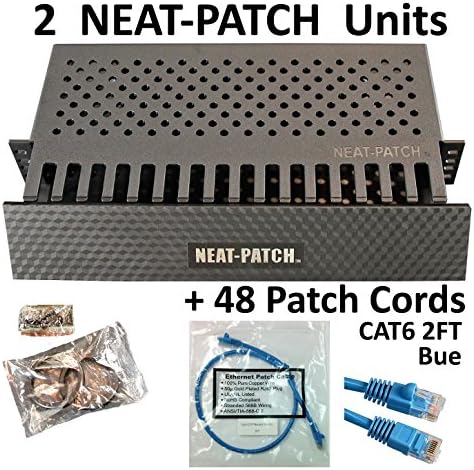 Neat Patch Cable Manager (2 Units) w/ 48 CAT6 Patch Cables (2FT Blue)