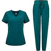 COZYFIT Medical Scrubs for Women Set - Curved V-Neck Scrub Top & Jogger Pants with 8 Pockets