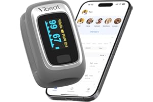 Vibeat Fingertip Pulse Oximeter with Bluetooth, Blood Oxygen Saturation Monitor with APP, Finger SPO2 Meter with Batteries and Lanyard, Gray