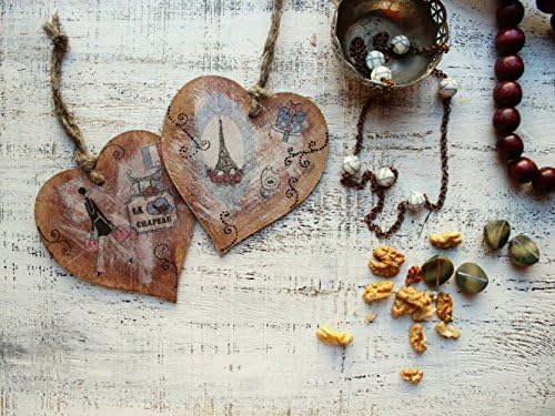 Set of 2 Paris France wooden heart ornaments Valentines day vintage retro rustic off white brown shabby wedding favors bridal shower Eiffel tower gift idea mom girlfriend love 80517-7