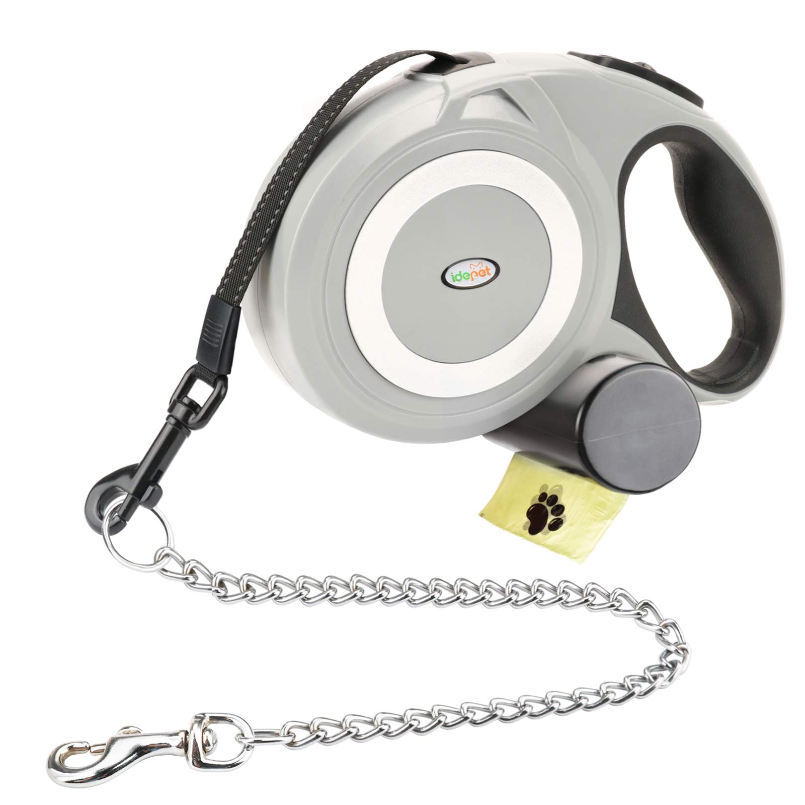 Idepet Retractable Dog Leash With Poop Bags,Heavy Duty Dog Wilking Leash with Anti-Chewing Steel Chain for Small and Medium Dogs 361° Tangle-Free,Break & Lock System