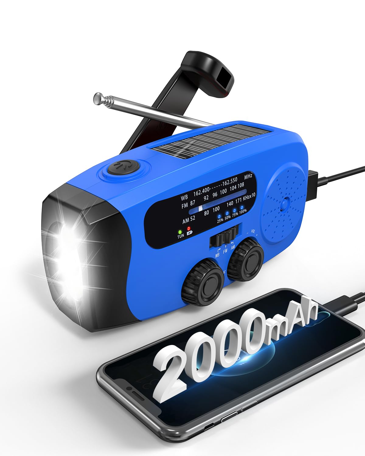 Emergency Hand Crank Radio Emgykit - 2000mAh/7400mWh AM/FM/NOAA Solar Hand Crank Emergency Radio with 3 LED Flashlights, SOS Function for Emergencies, Camping - Blue