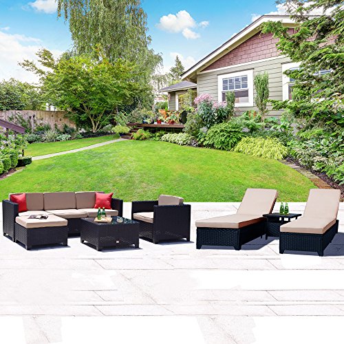 Cloud Mountain 9 PC Patio Rattan Wicker Furniture Set Sofa Set Chaise Lounge Chairs Sectional Fu ...