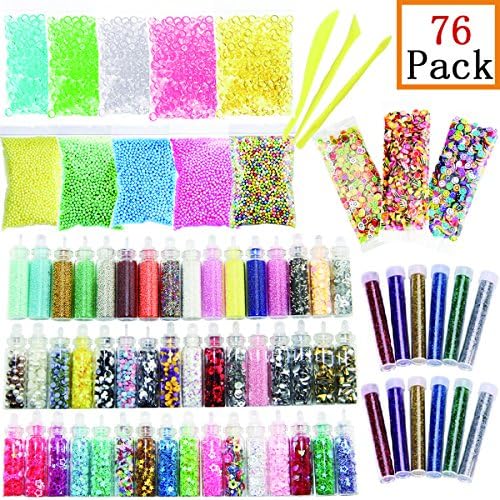 Slime Making Kits Supplies ,76 Pack Include Foam Beads ,Fishbowl Beads ,Fruit Cake Smile Slices ,Glitters ,Multiform Bling-bling Scraps for DIY Slime Making, Homemade Slime-By Huaing
