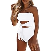 Viottiset Women's Bandeau One Piece Swimsuit Strapless Tie High Cut Out Bathing Suit