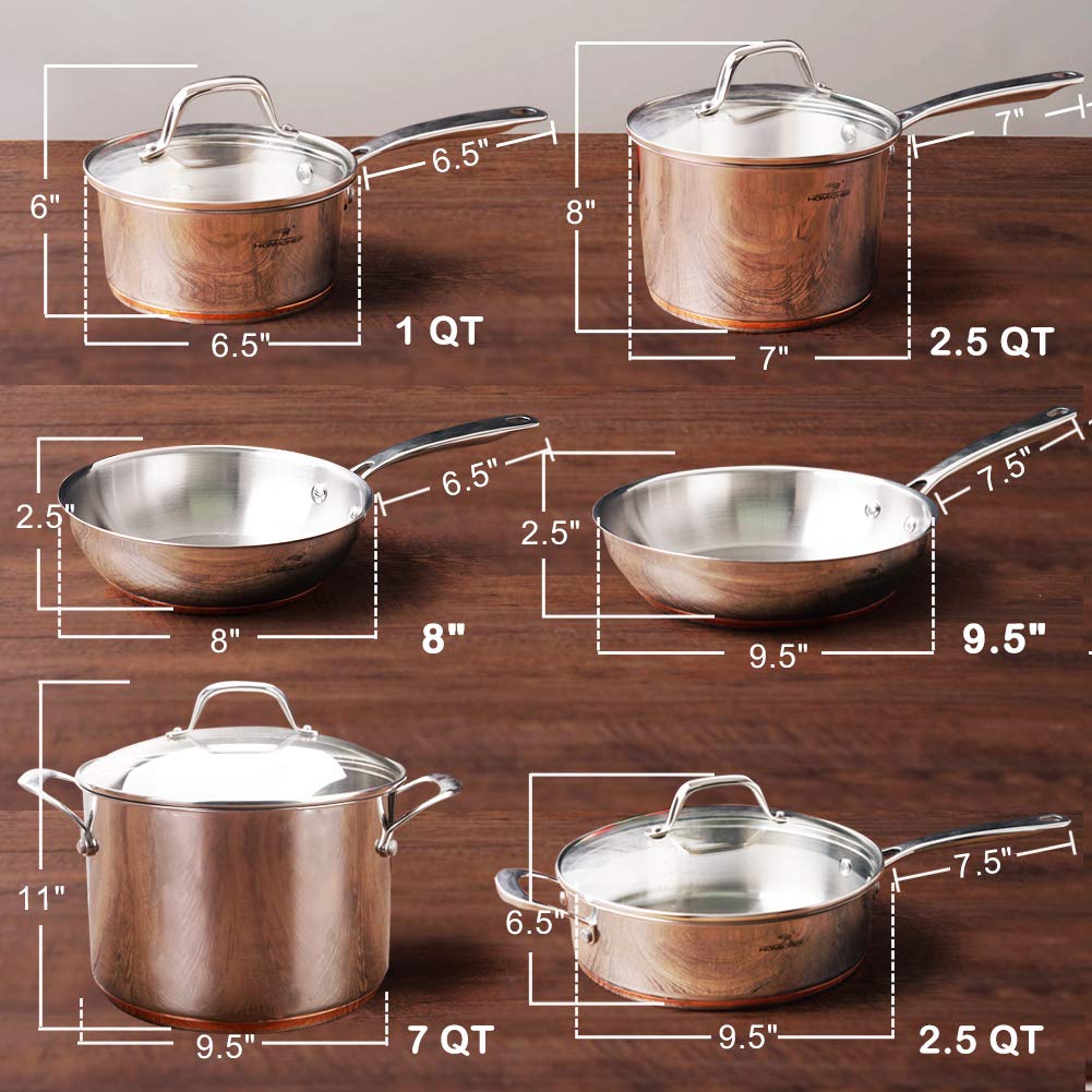 HOMICHEF ニッケルフリーステンレススチール調理器具10点セット 銅バンド - ニッケルフリーのステンレススチール鍋とフライパンセット - ヘルシー調理器具セット ステンレススチール - 非毒性のIH調理器具セット