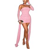 Women’s Sexy Strapless Bandage Tube Top Mini Dress Mesh Halter Long Sleeves Ruched Bodycon Cocktail Birthday Slim Short Dress