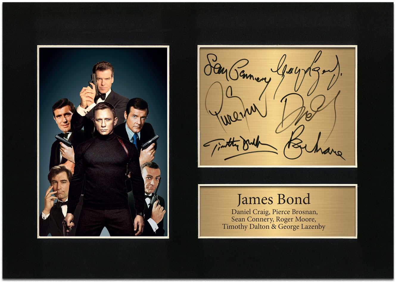 James Bond Autograph 007 / Daniel Craig, Pierce Brosnan, Sean Connery, Roger Moore, Timothy Dalton & George Lazenby Signed | A4 Printed Photo Reproduction Film Memorabilia Wall Art No71