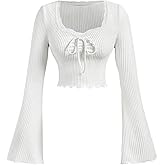 SOLY HUX Women's Ribbed Knit Lace T Shirts Long Bell Sleeve Bow Tie Fitted Tee Fall Crop Tops