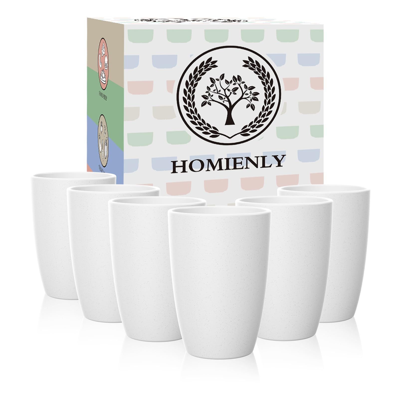 Homienly Wheat Straw Drinking Glasses, 12 OZ Alternative to Plastic Cups Set of 6, Reusable Drinking Cups for Kitchen, Outdoor, Unbreakable Lightweight Water Tumblers, Dishwasher Safe Cup Set(White)