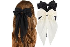 ATODEN Silky Satin Hair Bows 2Pcs Big Hair Bows for Women Hair Ribbons Oversized Long Tail White Hair Bow Black Hair Bow Large Hair Ribbon Barrettes Metal Clips Bowknot Aesthetic Hair Accessories