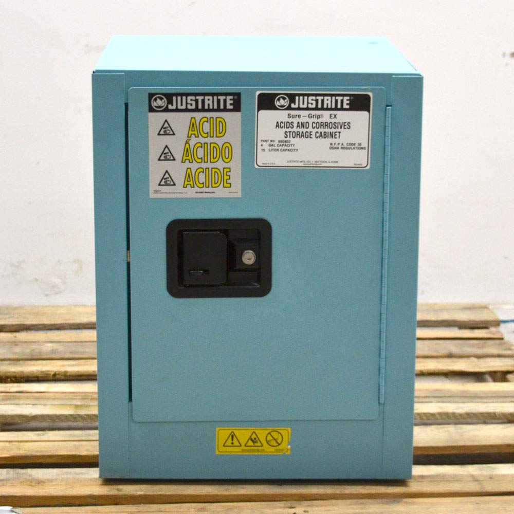 Justrite 890402 Sure Grip Ex Galvanized Steel 1 Door Manual Countertop Corrosives Safety Storage Cabinet 4 Gallon Capacity 17 Width X 22 Height X 17 Depth 1 Adjustable Shelfs Blue Hazardous Storage Cabinets