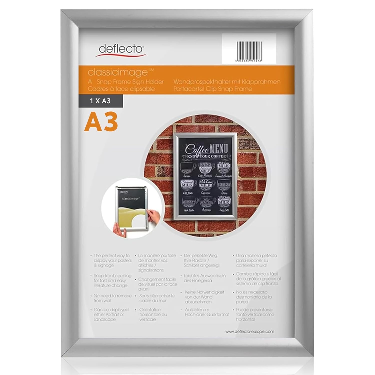 Deflecto A3 Snap Frame Silver - Aluminium Clip Frame for Certificate, Wall Display & Photo Hanger - Poster Holder with Convenient Front Opening Clips — image 1